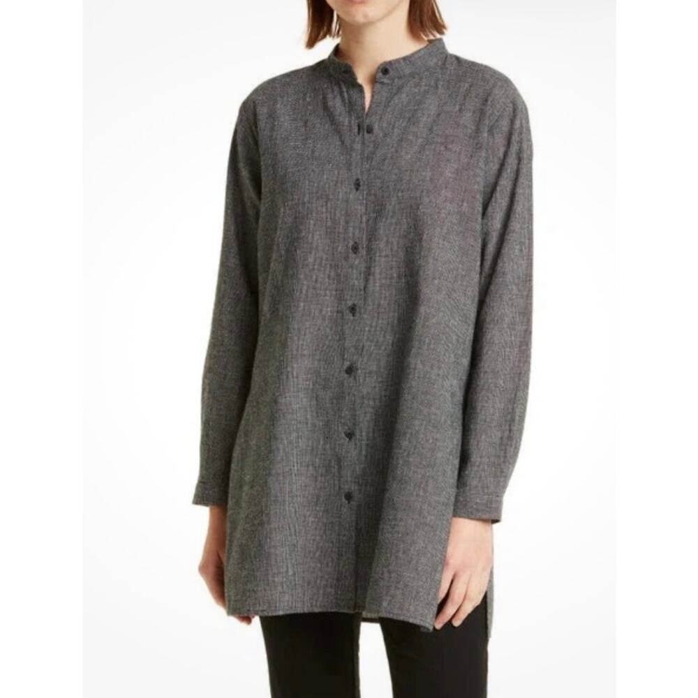 EILEEN FISHER Hemp & Organic Cotton Button-Up Tunic Shirt Grey/Black Sz L